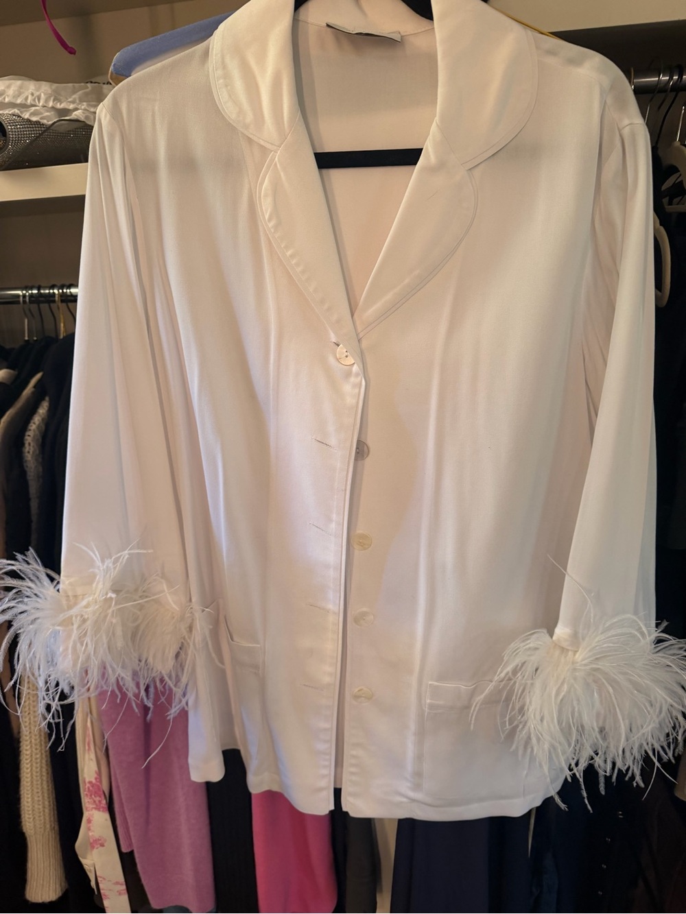 Sleeper Ivory Satin Button-Up Sleep Jacket with Feather Cuffs